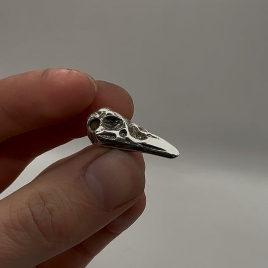 Hand holding a silver bird skull pendant against a plain background